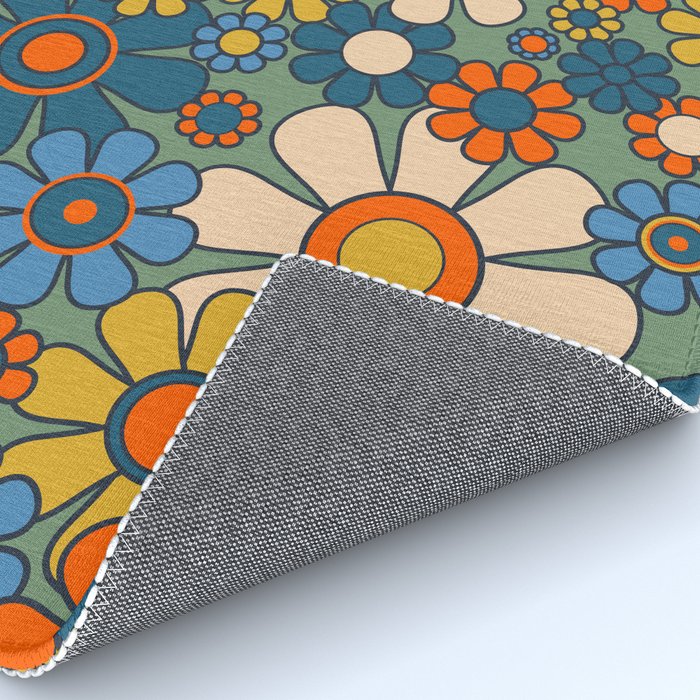 Retro Garden Flowers Groovy Multicolor 60s 70s Floral Pattern Green Blue Orange Mustard Rug Gallery Image 4