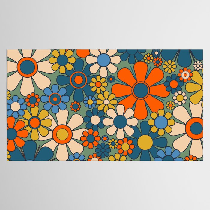Retro Garden Flowers Groovy Multicolor 60s 70s Floral Pattern Green Blue Orange Mustard Tablecloth Gallery Image 2