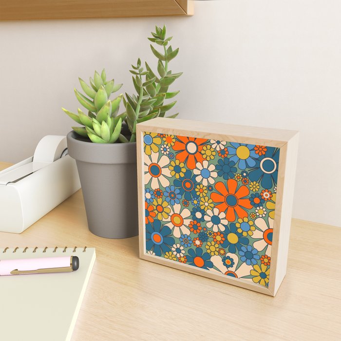 Retro Garden Flowers Groovy Multicolor 60s 70s Floral Pattern Green Blue Orange Mustard Mini Art Print Gallery Image 2