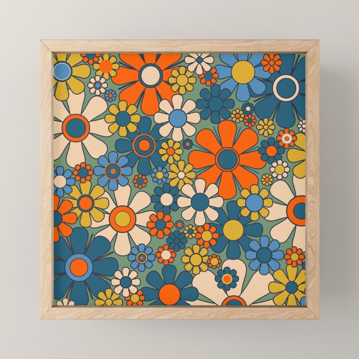 Retro Garden Flowers Groovy Multicolor 60s 70s Floral Pattern Green Blue Orange Mustard Mini Art Print Gallery Image 1