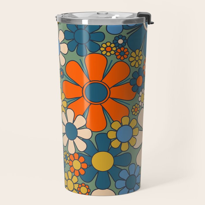 Retro Garden Flowers Groovy Multicolor 60s 70s Floral Pattern Green Blue Orange Mustard Travel Mug Gallery Image 2