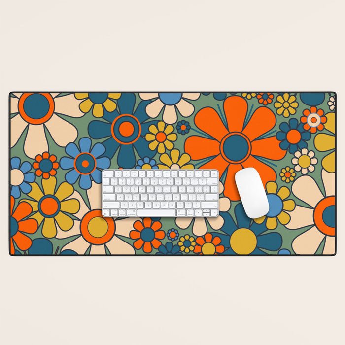 Retro Garden Flowers Groovy Multicolor 60s 70s Floral Pattern Green Blue Orange Mustard Desk Mat Gallery Image 1