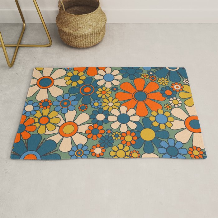 Retro Garden Flowers Groovy Multicolor 60s 70s Floral Pattern Green Blue Orange Mustard Rug Gallery Image 1
