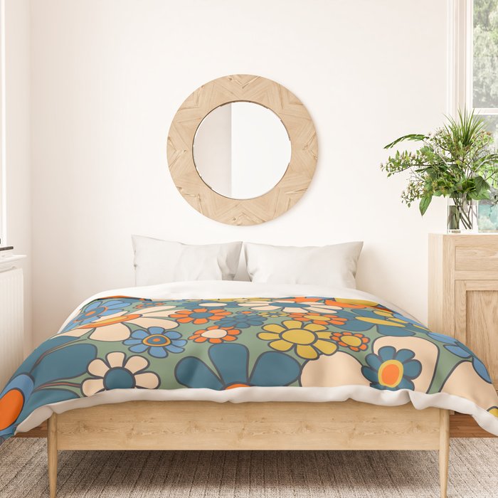 Retro Garden Flowers Groovy Multicolor 60s 70s Floral Pattern Green Blue Orange Mustard Duvet Cover Gallery Image 3