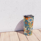 Retro Garden Flowers Groovy Multicolor 60s 70s Floral Pattern Green Blue Orange Mustard Travel Mug Gallery Image 4