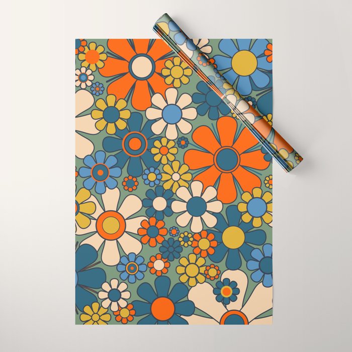 Retro Garden Flowers Groovy Multicolor 60s 70s Floral Pattern Green Blue Orange Mustard Wrapping Paper Gallery Image 1