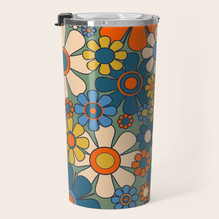 Retro Garden Flowers Groovy Multicolor 60s 70s Floral Pattern Green Blue Orange Mustard Travel Mug Gallery Image 3