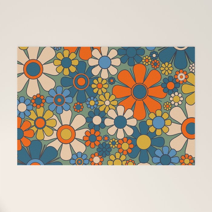 Retro Garden Flowers Groovy Multicolor 60s 70s Floral Pattern Green Blue Orange Mustard Welcome Mat Gallery Image 1