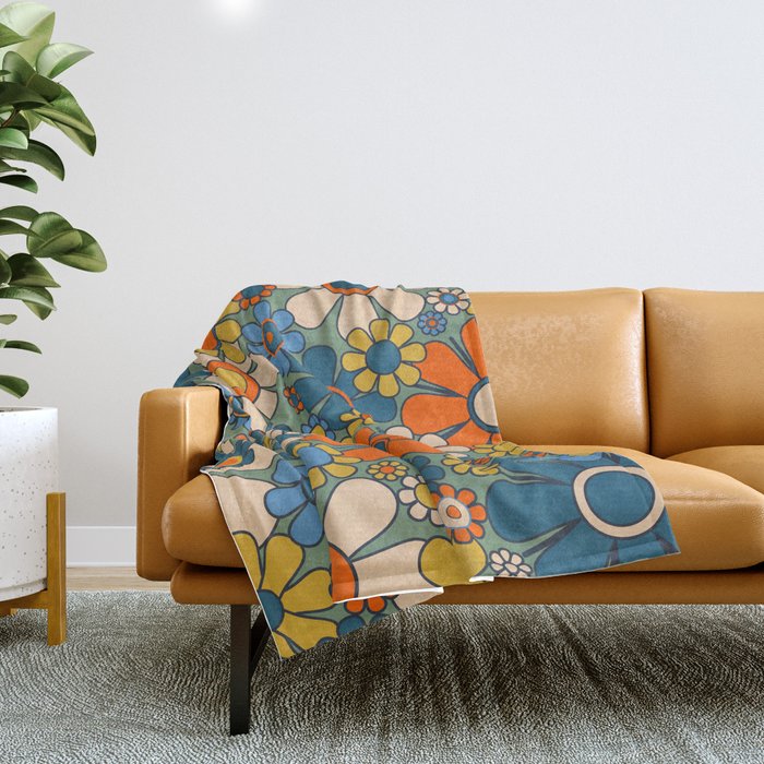 Retro Garden Flowers Groovy Multicolor 60s 70s Floral Pattern Green Blue Orange Mustard Throw Blanket Gallery Image 1