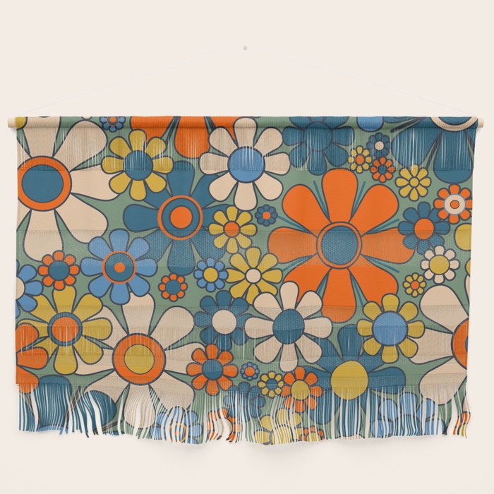 Retro Garden Flowers Groovy Multicolor 60s 70s Floral Pattern Green Blue Orange Mustard Wall Hanging Gallery Image 1