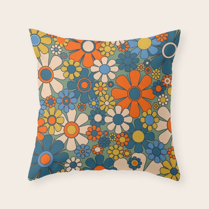 Retro Garden Flowers Groovy Multicolor 60s 70s Floral Pattern Green Blue Orange Mustard Throw Pillow Gallery Image 1