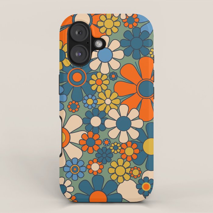 Retro Garden Flowers Groovy Multicolor 60s 70s Floral Pattern Green Blue Orange Mustard iPhone Case Gallery Image 1