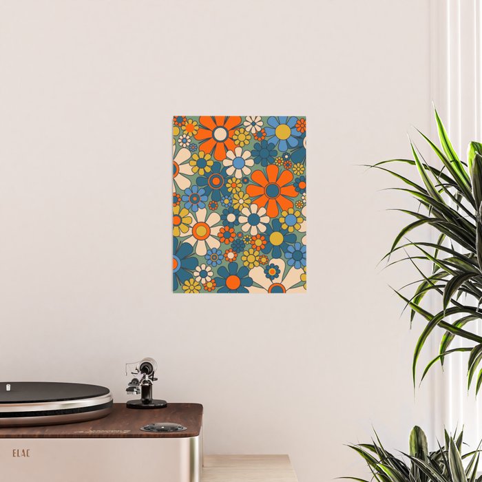 Retro Garden Flowers Groovy Multicolor 60s 70s Floral Pattern Green Blue Orange Mustard Poster Gallery Image 2