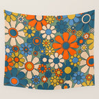 Retro Garden Flowers Groovy Multicolor 60s 70s Floral Pattern Green Blue Orange Mustard Wall Tapestry Gallery Image 4
