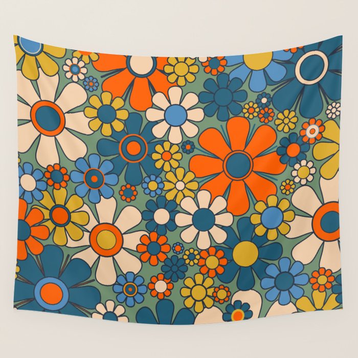Retro Garden Flowers Groovy Multicolor 60s 70s Floral Pattern Green Blue Orange Mustard Wall Tapestry Gallery Image 4