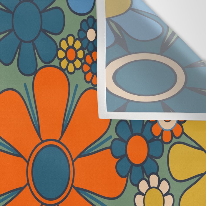 Retro Garden Flowers Groovy Multicolor 60s 70s Floral Pattern Green Blue Orange Mustard Wall Tapestry Gallery Image 3