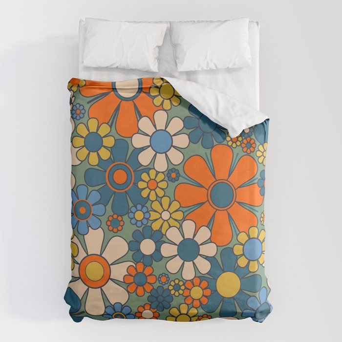 Retro Garden Flowers Groovy Multicolor 60s 70s Floral Pattern Green Blue Orange Mustard Duvet Cover Gallery Image 1