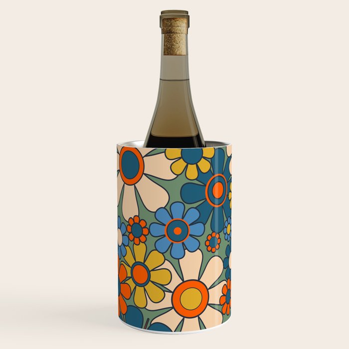 Retro Garden Flowers Groovy Multicolor 60s 70s Floral Pattern Green Blue Orange Mustard Wine Chiller Gallery Image 2