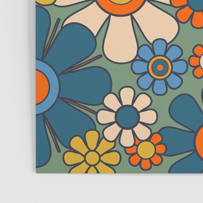 Retro Garden Flowers Groovy Multicolor 60s 70s Floral Pattern Green Blue Orange Mustard Poster Gallery Image 3