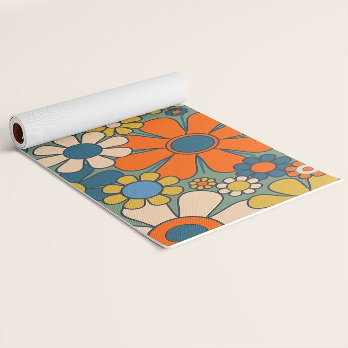 Retro Garden Flowers Groovy Multicolor 60s 70s Floral Pattern Green Blue Orange Mustard Yoga Mat Gallery Image 2