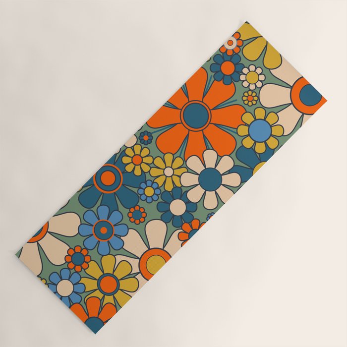 Retro Garden Flowers Groovy Multicolor 60s 70s Floral Pattern Green Blue Orange Mustard Yoga Mat Gallery Image 1