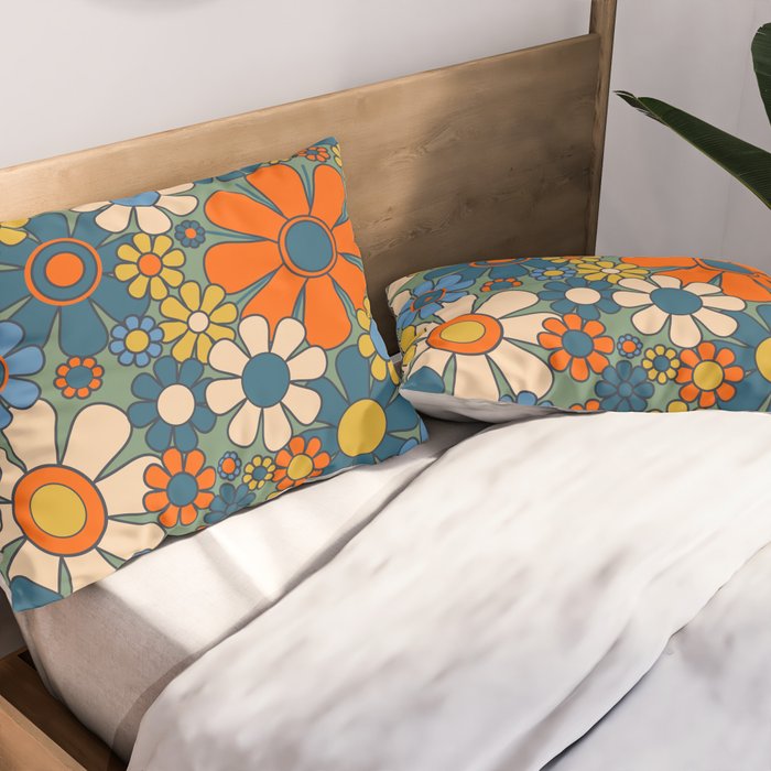 Retro Garden Flowers Groovy Multicolor 60s 70s Floral Pattern Green Blue Orange Mustard Pillow Sham Gallery Image 2
