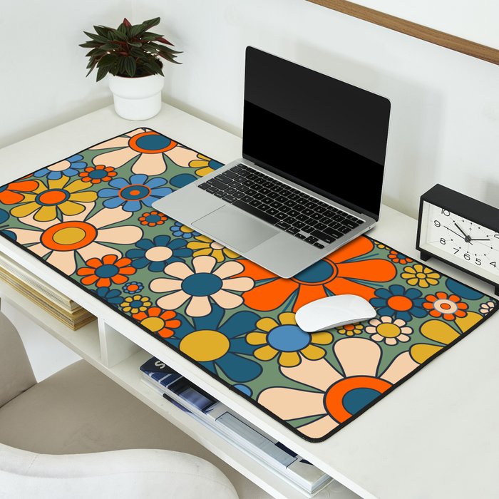 Retro Garden Flowers Groovy Multicolor 60s 70s Floral Pattern Green Blue Orange Mustard Desk Mat Gallery Image 2