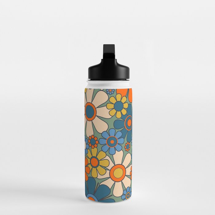 Retro Garden Flowers Groovy Multicolor 60s 70s Floral Pattern Green Blue Orange Mustard Water Bottle Gallery Image 3