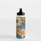Retro Garden Flowers Groovy Multicolor 60s 70s Floral Pattern Green Blue Orange Mustard Water Bottle Gallery Image 3