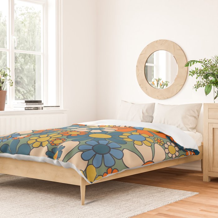 Retro Garden Flowers Groovy Multicolor 60s 70s Floral Pattern Green Blue Orange Mustard Duvet Cover Gallery Image 2