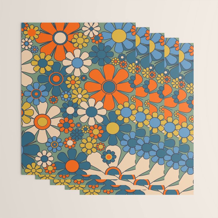 Retro Garden Flowers Groovy Multicolor 60s 70s Floral Pattern Green Blue Orange Mustard Wrapping Paper Gallery Image 3