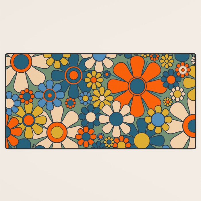 Retro Garden Flowers Groovy Multicolor 60s 70s Floral Pattern Green Blue Orange Mustard Desk Mat Gallery Image 3