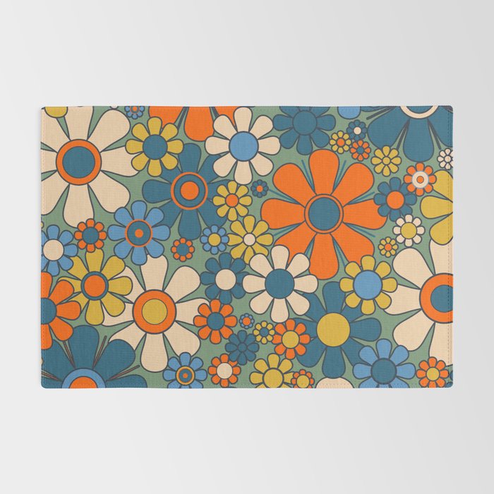 Retro Garden Flowers Groovy Multicolor 60s 70s Floral Pattern Green Blue Orange Mustard Rug Gallery Image 2