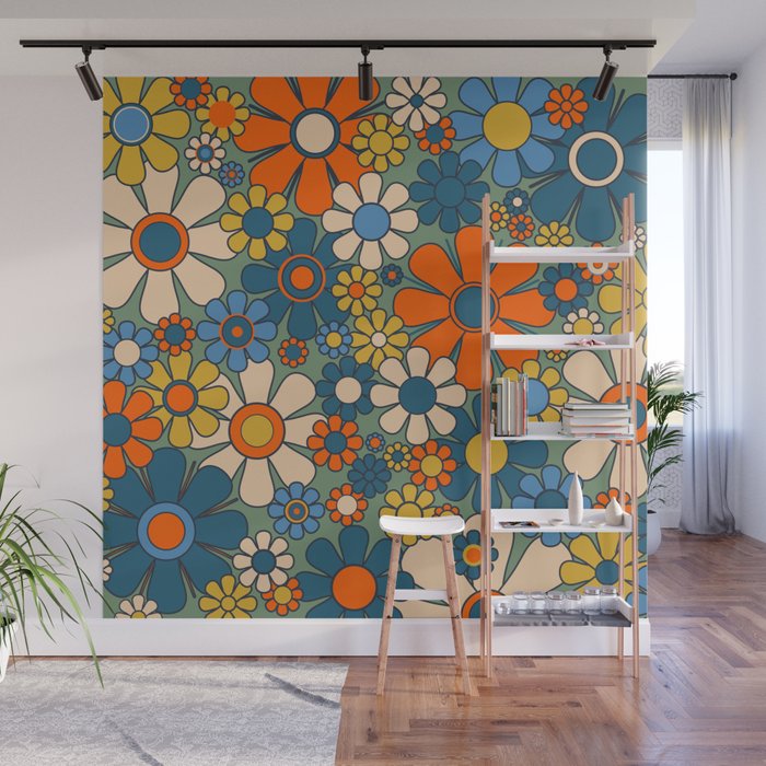 Retro Garden Flowers Groovy Multicolor 60s 70s Floral Pattern Green Blue Orange Mustard Wall Mural Gallery Image 1