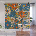 Retro Garden Flowers Groovy Multicolor 60s 70s Floral Pattern Green Blue Orange Mustard Wall Mural Gallery Image 1