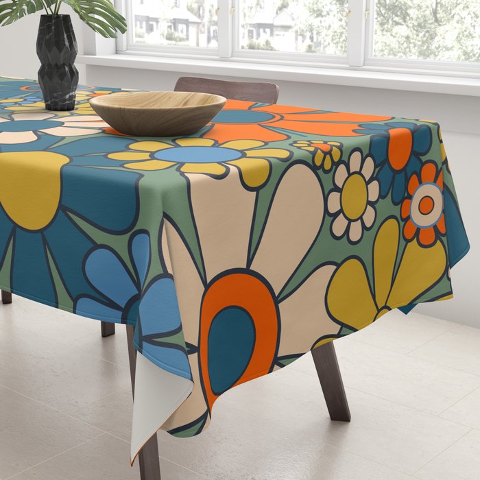 Retro Garden Flowers Groovy Multicolor 60s 70s Floral Pattern Green Blue Orange Mustard Tablecloth Gallery Image 3