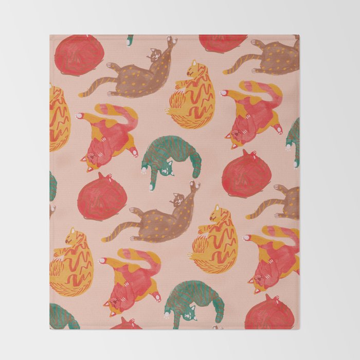 Sleepy Cozy Kitty Cats in Green & Orange Throw Blanket Gallery Image 2