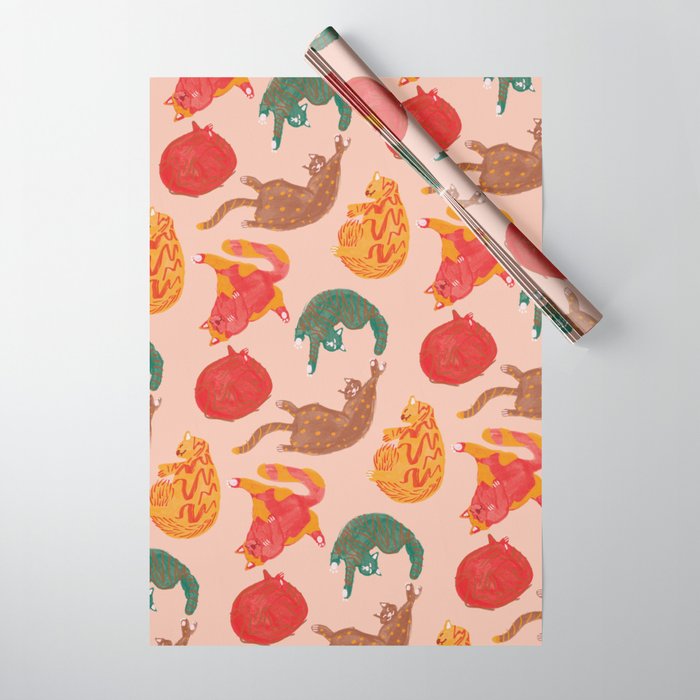 Sleepy Cozy Kitty Cats in Green & Orange Wrapping Paper Gallery Image 1