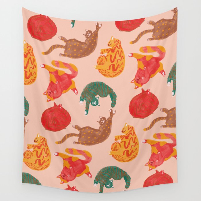 Sleepy Cozy Kitty Cats in Green & Orange Wall Tapestry Gallery Image 4