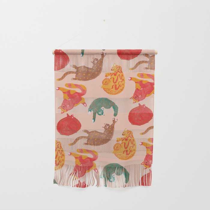 Sleepy Cozy Kitty Cats in Green & Orange Wall Hanging Gallery Image 1