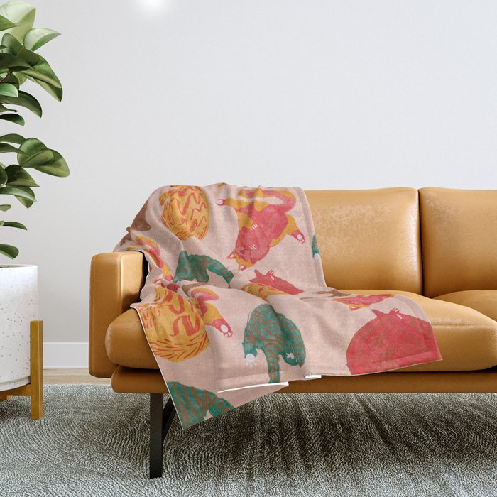 Sleepy Cozy Kitty Cats in Green & Orange Throw Blanket Gallery Image 1