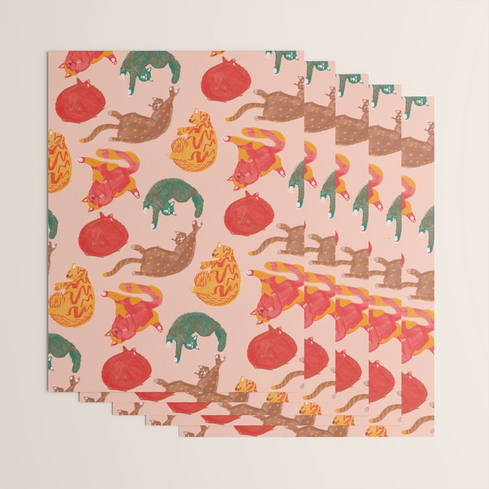 Sleepy Cozy Kitty Cats in Green & Orange Wrapping Paper Gallery Image 3