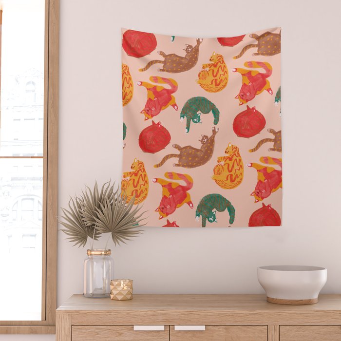 Sleepy Cozy Kitty Cats in Green & Orange Wall Tapestry Gallery Image 2
