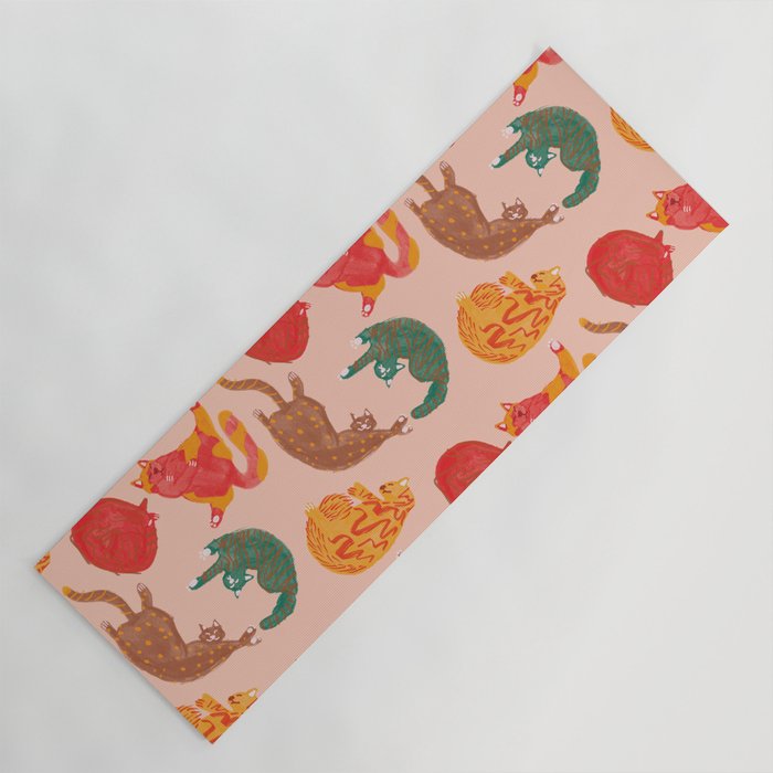 Sleepy Cozy Kitty Cats in Green & Orange Yoga Mat Gallery Image 1