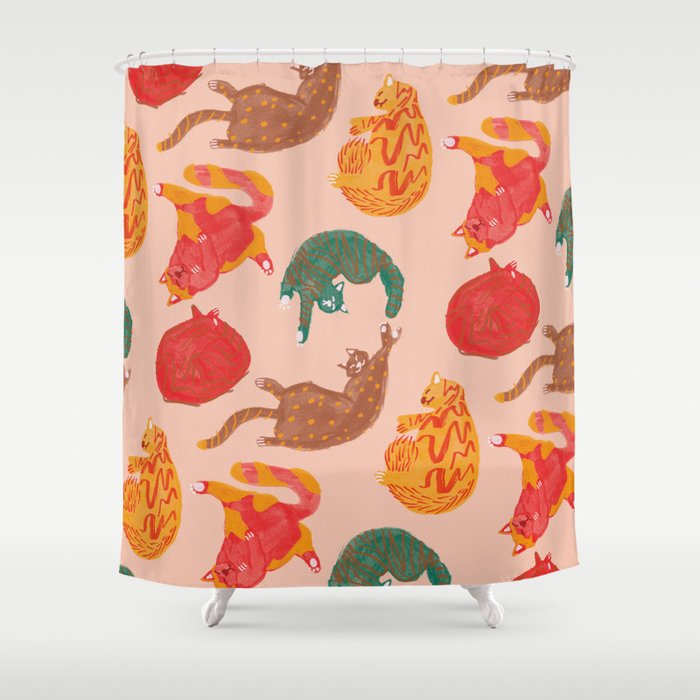 Sleepy Cozy Kitty Cats in Green & Orange Shower Curtain Gallery Image 1