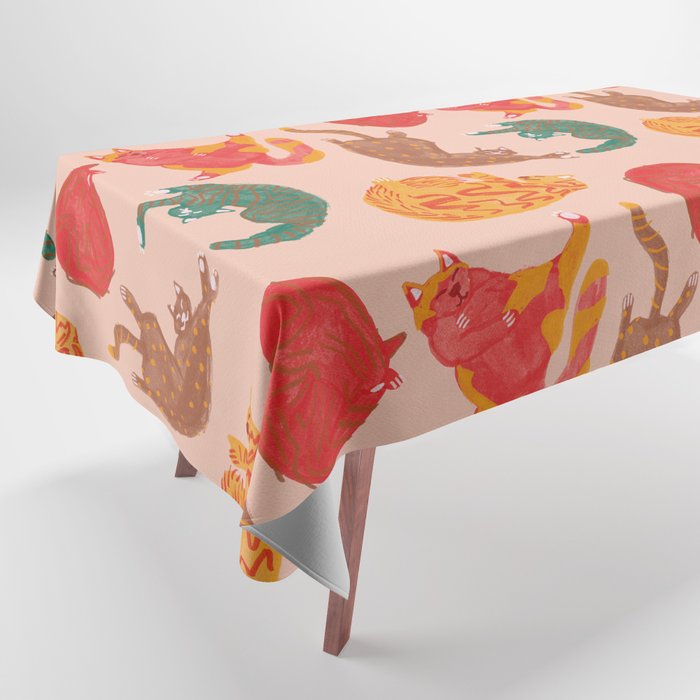 Sleepy Cozy Kitty Cats in Green & Orange Tablecloth Gallery Image 1