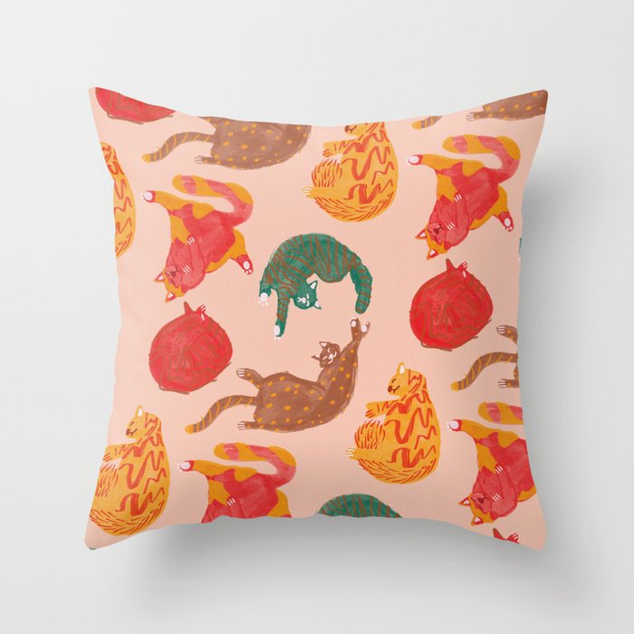 Sleepy Cozy Kitty Cats in Green & Orange Throw Pillow Gallery Image 6