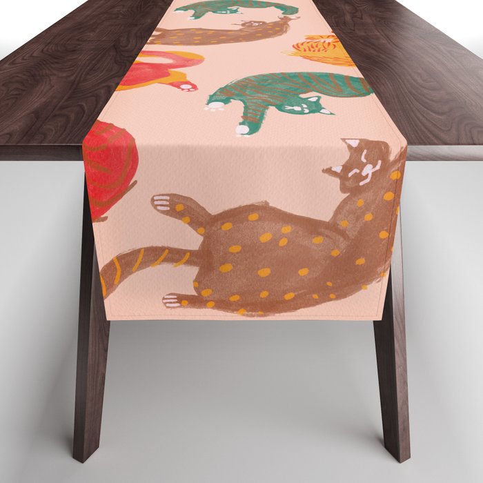 Sleepy Cozy Kitty Cats in Green & Orange Table Runner Gallery Image 1