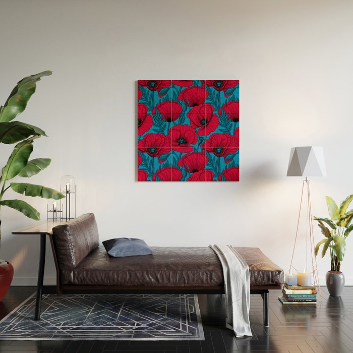 Red poppy garden on blue Wood Wall Art Gallery Image 2