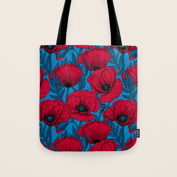 Red poppy garden on blue Tote Bag Gallery Image 1